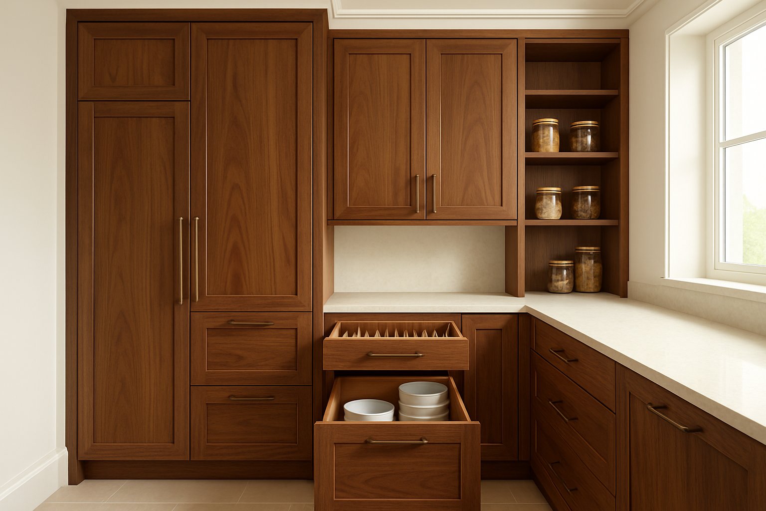 Custom walnut kitchen cabinets with clean integrated storage