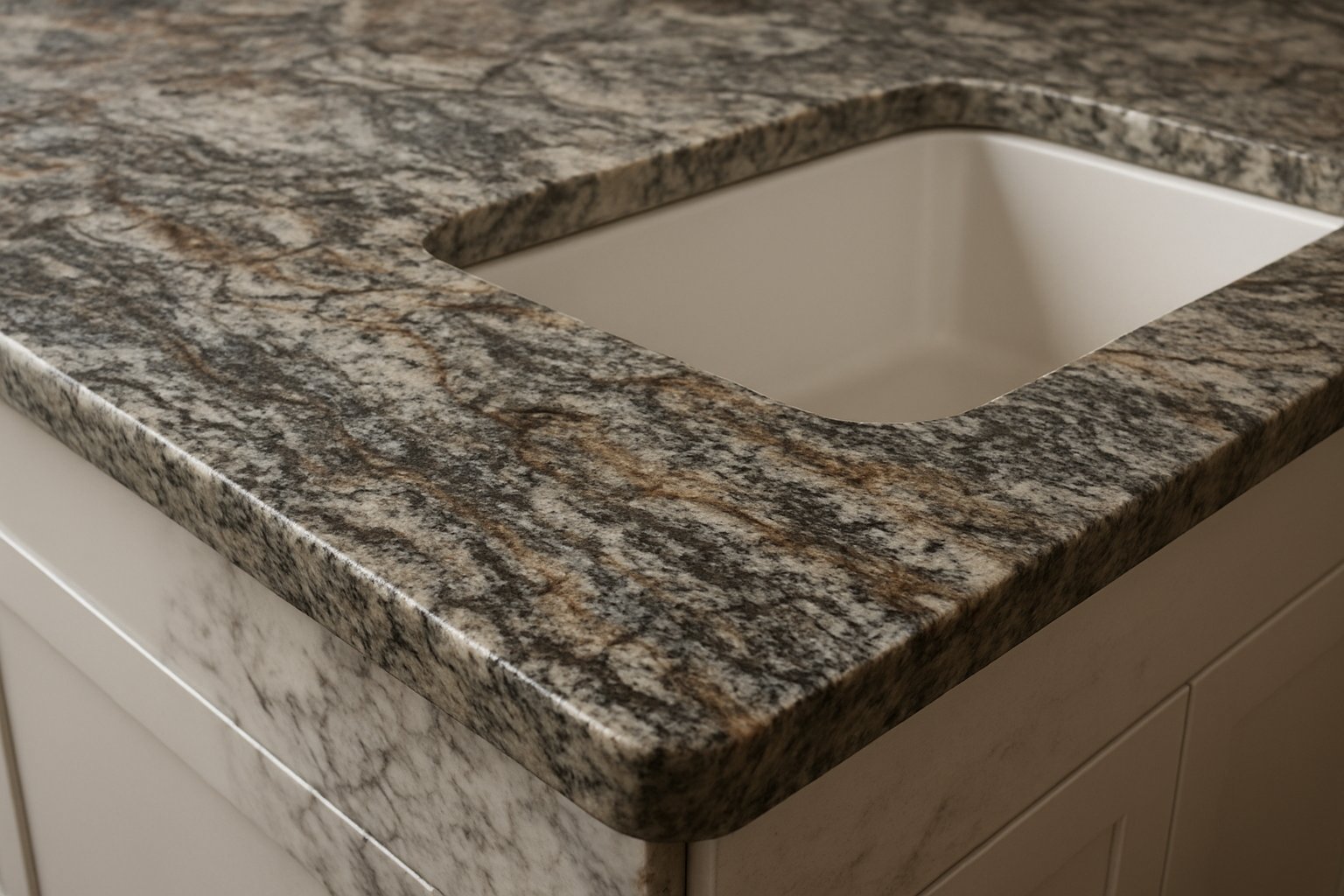 Polished natural granite countertop with detailed stone movement