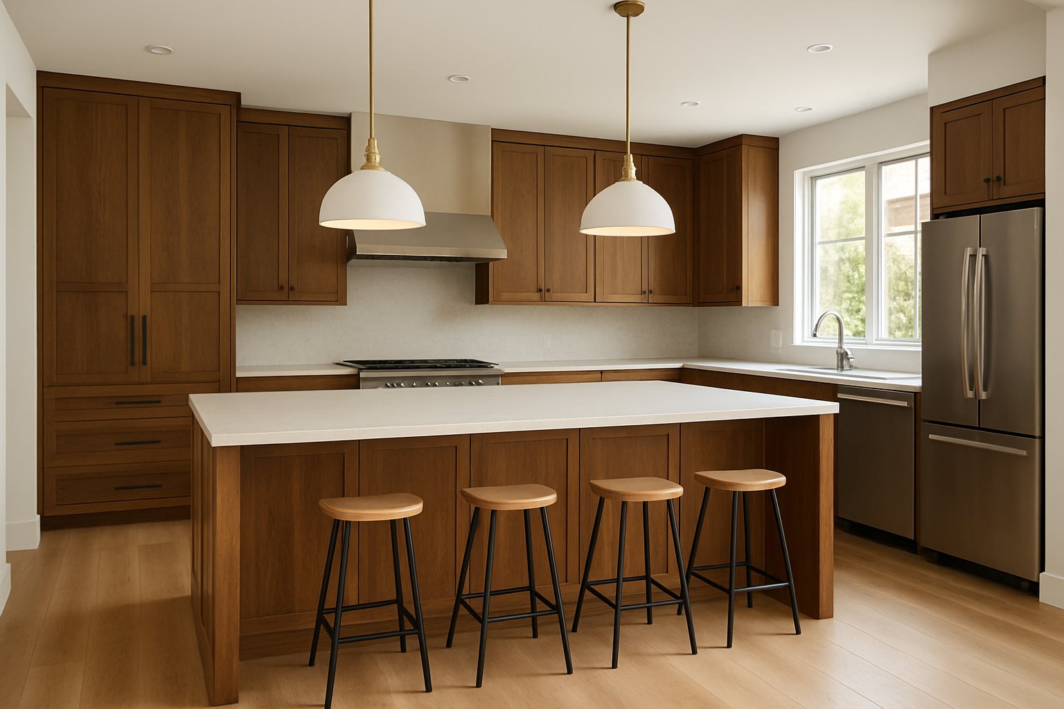 Large finished kitchen island with stone top and walnut cabinetry
