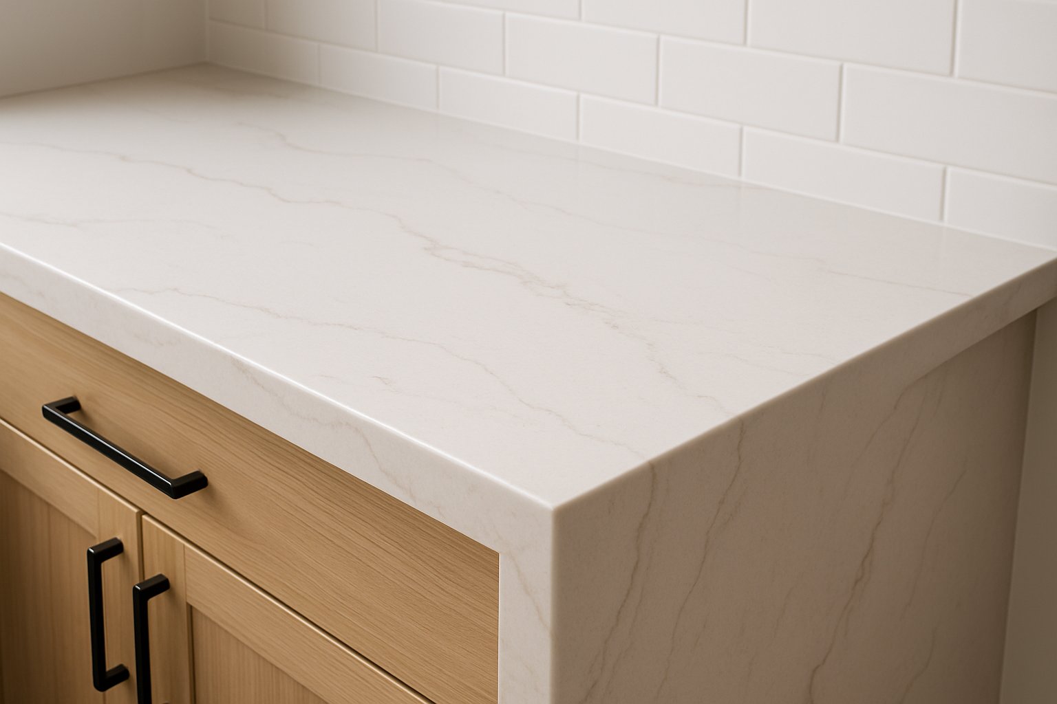 Bright quartz countertop with subtle veining in a modern kitchen
